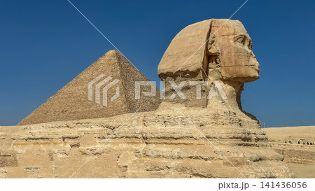 The Great Sphinx guards the pyramids of the pharaohs at Giza. 141436056