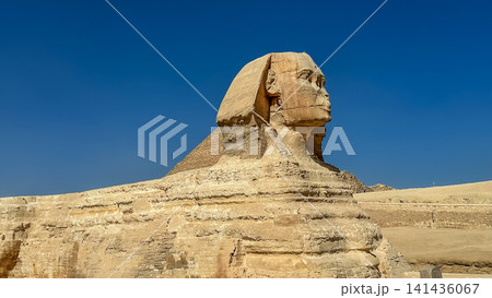 The Great Sphinx guards the pyramids of the pharaohs at Giza. 141436067