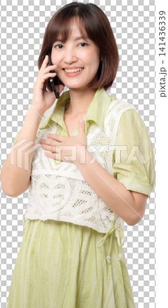 Asian woman talking on phone with smile on transparent background showing happy emotion while holding mobile device for communication in casual dress during workday. PNG file format 141436339