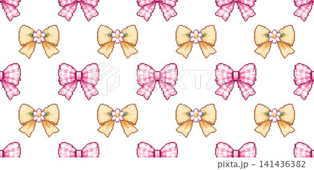 Seamless pixel bow pattern with pastel ribbon and floral details in cute y2k style Seamless pixel bow pattern with pastel ribbon and floral details in cute y2k style 141436382
