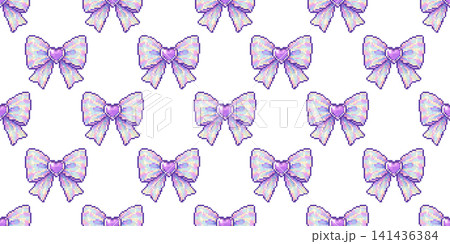 Seamless pixel bow pattern with iridescent pastel ribbon design in cute y2k style Seamless pixel bow pattern with iridescent pastel ribbon design in cute y2k style 141436384