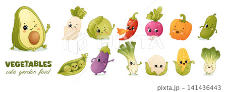Cute vegetable characters set with avocado cabbage chili cucumber corn and peas Cute vegetable characters set with avocado cabbage chili cucumber corn and peas 141436443