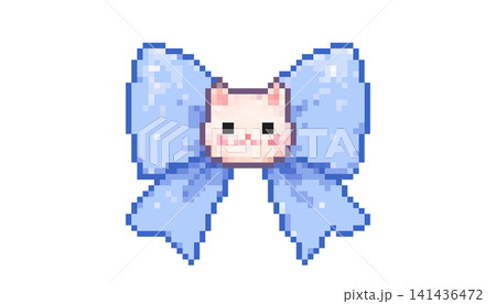 Cute blue pixel bow with cat ribbon detail in pastel y2k style 141436472