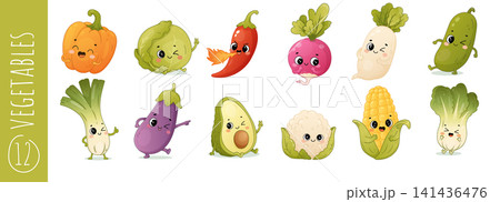 Cute vegetable characters set with pumpkin cabbage chili radish cucumber and avocado Cute vegetable characters set with pumpkin cabbage chili radish cucumber and avocado 141436476