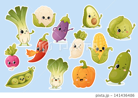 Cute vegetable character sticker set with pumpkin cabbage chili pepper radish and avocado Cute vegetable character sticker set with pumpkin cabbage chili pepper radish and avocado 141436486