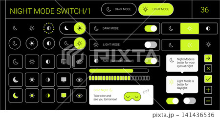 Y2k night mode switch ui set with dark theme light mode toggle and interface elements 141436536