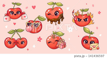 Cute cherry character sticker set with kawaii faces and playful emotions Cute cherry character sticker set with kawaii faces and playful emotions 141436597