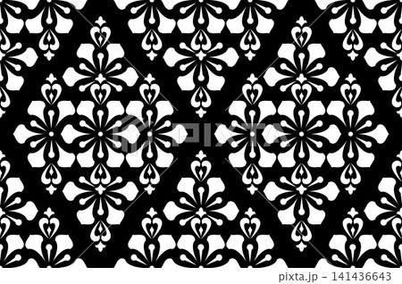 Flower geometric pattern. Seamless vector background. White and black ornament. Ornament for fabric, wallpaper, packaging. Decorative print. Flower geometric pattern. Seamless vector background. White and black ornament. Ornament for fabric, wallpaper, packaging. Decorative print. 141436643