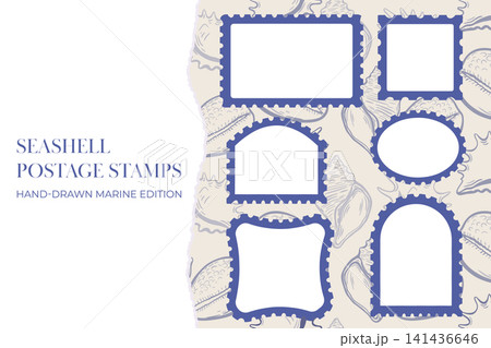 Marine seashell postage stamp frame template collection with blank vector border set Marine seashell postage stamp frame template collection with blank vector border set 141436646