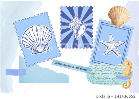 Stamp collage set with seashell marine postage frame on ocean scrapbook paper Stamp collage set with seashell marine postage frame on ocean scrapbook paper 141436652
