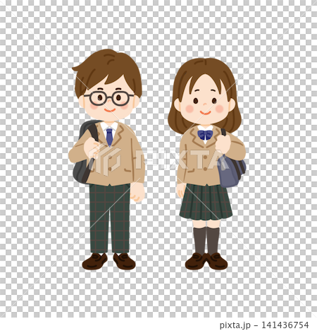 身穿西裝制服、背著背包或書包的學生。 身穿西裝制服、背著背包或書包的學生。 141436754