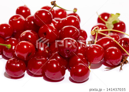 Ripe red currants on a white background Ripe red currants on a white background 141437035