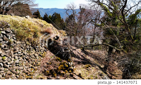 但馬国 山城「八木城」の空撮 曲輪と石垣の様子 但馬国 山城「八木城」の空撮 曲輪と石垣の様子 141437071