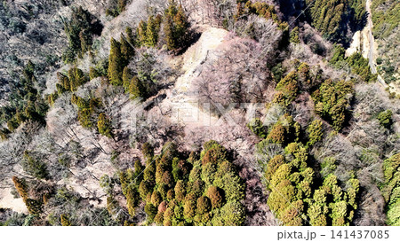 但馬国　山城「八木城」の空撮　曲輪と石垣の様子 141437085