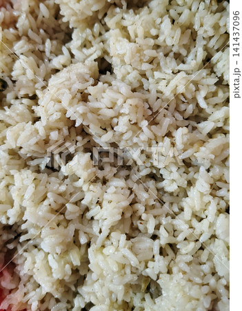 Close up overhead view of cooked plain white basmati rice served in a bowl. Close up overhead view of cooked plain white basmati rice served in a bowl. 141437096