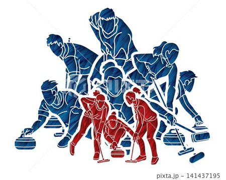Curling Sport Team Mix Male and Female Players Action Cartoon Graphic Vector 141437195