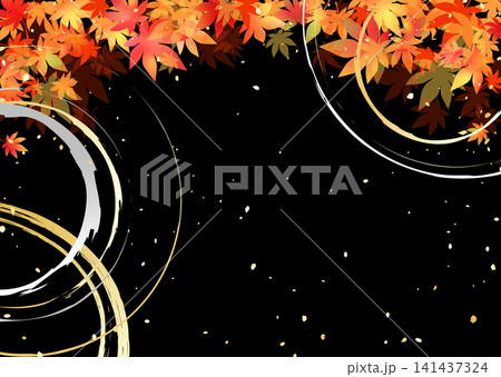 鮮やかなグラデーションの紅葉と漆黒の背景に映る水紋のような和風背景イラスト 鮮やかなグラデーションの紅葉と漆黒の背景に映る水紋のような和風背景イラスト 141437324
