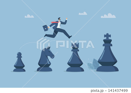 A systematic step by step movement, Strategic confidence in a business challenge, Businessman leaping over chess pieces one step at a time to grow or succeed in his business. Vector illustration. A systematic step by step movement, Strategic confidence in a business challenge, Businessman leaping over chess pieces one step at a time to grow or succeed in his business. Vector illustration. 141437499