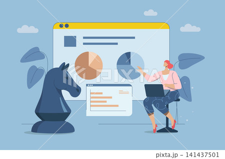 Business strategic planning, Planning, Creating success or growth of business, Businesswoman with data in strategic plan and big chess pieces. Vector design illustration. 141437501