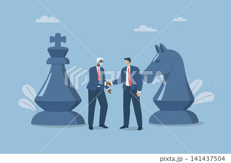 Two business leader shaking hands with big chess piece, Collaborative strategies for mutual success, Business agreements and negotiation skills, Planning for important collaborations with company. 141437504