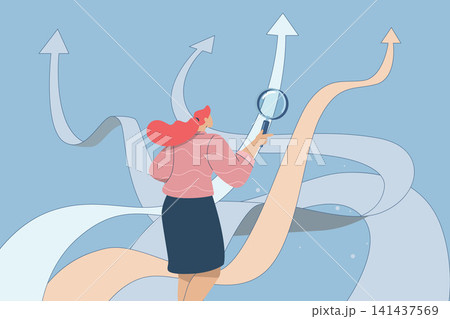 Business decisions or choices, Finding the right way, Business opportunities or paths to success, Using vision to decide the path ahead, Businesswoman with magnifying glass choosing a business Business decisions or choices, Finding the right way, Business opportunities or paths to success, Using vision to decide the path ahead, Businesswoman with magnifying glass choosing a business 141437569