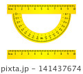 Vector illustration of yellow plastic measuring tools set including a 180-degree protractor and one 10-centimeter straight rulers. Perfect vector asset for back-to-school marketing banners, geometry e 141437674