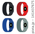 Vector illustration of a modern screenless smart fitness tracker with textured fabric wristbands in four colors: black, red, blue, and grey. The design showcases the back of the wearable device with a 141437675
