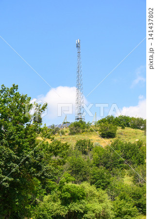 Telecom tower rises above green foliage on sunny day Telecom tower rises above green foliage on sunny day 141437802