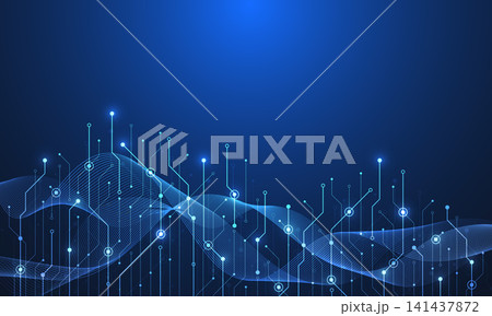 Abstract blue circuit board background with digital wave and glowing light node connection technology concept 141437872