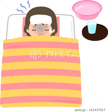 布団に寝て額にタオルを当てた体調不良の女の子 布団に寝て額にタオルを当てた体調不良の女の子 141437917
