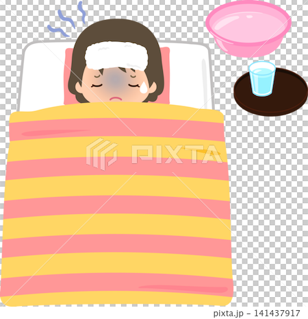 一個身體不舒服的女孩躺在床上,額頭上敷著毛巾。 一個身體不舒服的女孩躺在床上,額頭上敷著毛巾。 141437917
