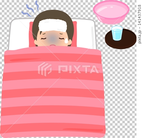 一位身體不適的女子躺在床上,額頭上敷著毛巾。 一位身體不適的女子躺在床上,額頭上敷著毛巾。 141437918