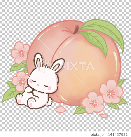 Cute Kawaii Sleeping Bunny Resting Beside Giant Japanese White Peach Surrounded by Cherry Blossoms Pastel Spring Fruit Illustration Cozy Peach Harvest Theme Cute Kawaii Sleeping Bunny Resting Beside Giant Japanese White Peach Surrounded by Cherry Blossoms Pastel Spring Fruit Illustration Cozy Peach Harvest Theme 141437921