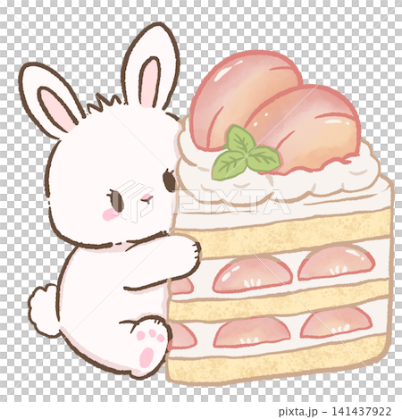Cute Kawaii Bunny Hugging Japanese Peach Shortcake Layer Cake with Fresh Peach Slices Whipped Cream Mint Leaves and Cozy Pastel Bakery Dessert Cute Kawaii Bunny Hugging Japanese Peach Shortcake Layer Cake with Fresh Peach Slices Whipped Cream Mint Leaves and Cozy Pastel Bakery Dessert 141437922