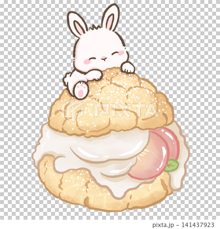 Cute Kawaii Bunny Sitting on Giant Peach Cream Puff Filled with Fresh Whipped Cream Powdered Sugar Japanese Bakery Pastry and Sweet Peach Dessert 141437923
