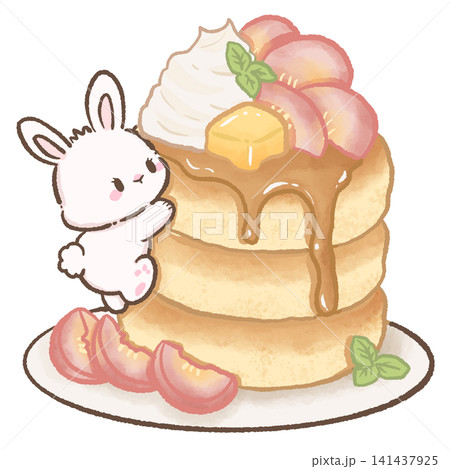 Cute Kawaii Bunny Hugging Tall Souffle Pancakes with Caramel Sauce Whipped Cream Peach Slices Butter Mint Leaves and Japanese Cafe Dessert Cute Kawaii Bunny Hugging Tall Souffle Pancakes with Caramel Sauce Whipped Cream Peach Slices Butter Mint Leaves and Japanese Cafe Dessert 141437925