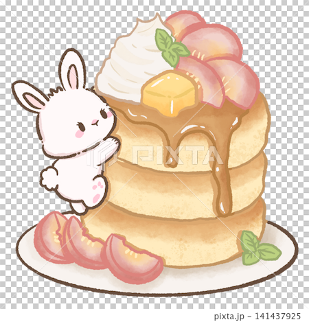 Cute Kawaii Bunny Hugging Tall Souffle Pancakes with Caramel Sauce Whipped Cream Peach Slices Butter Mint Leaves and Japanese Cafe Dessert Cute Kawaii Bunny Hugging Tall Souffle Pancakes with Caramel Sauce Whipped Cream Peach Slices Butter Mint Leaves and Japanese Cafe Dessert 141437925