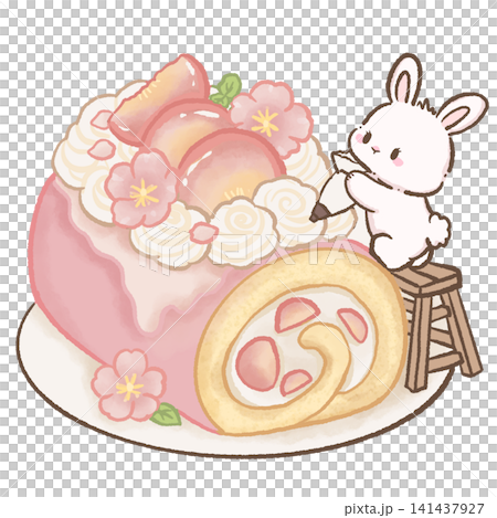 Cute Kawaii Bunny Decorating Peach Swiss Roll Cake with Fresh Peach Slices Whipped Cream Cherry Blossoms Pastel Bakery and Cozy Dessert Theme 141437927
