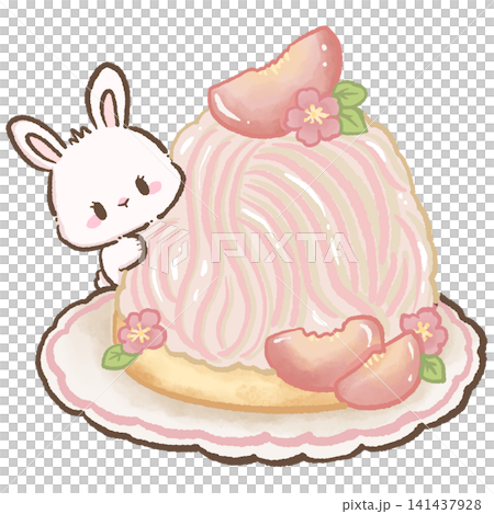 Cute Kawaii Bunny Peeking Behind Giant Peach Mont Blanc Cake with Soft Peach Cream Swirls Fresh Peach Slices Cherry Blossoms and Elegant Japanese Dessert Cute Kawaii Bunny Peeking Behind Giant Peach Mont Blanc Cake with Soft Peach Cream Swirls Fresh Peach Slices Cherry Blossoms and Elegant Japanese Dessert 141437928