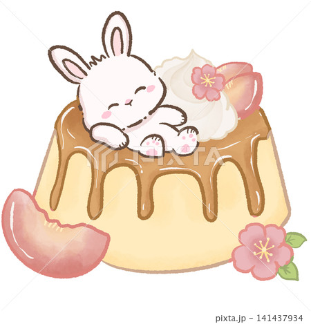 Cute Kawaii Bunny Sleeping on Creamy Peach Pudding Flan with Glossy Caramel Sauce Whipped Cream Fresh Peach Slice and Peach Blossoms Cute Kawaii Bunny Sleeping on Creamy Peach Pudding Flan with Glossy Caramel Sauce Whipped Cream Fresh Peach Slice and Peach Blossoms 141437934