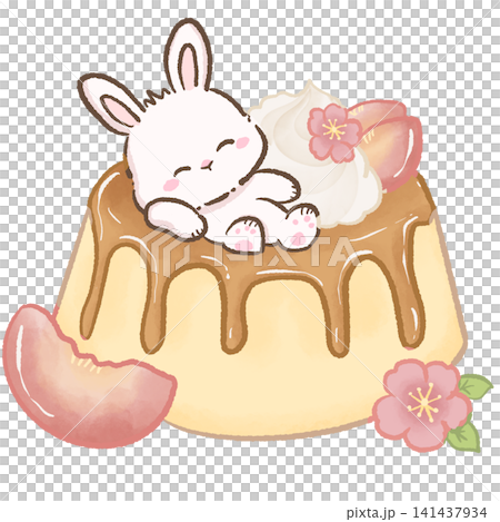 Cute Kawaii Bunny Sleeping on Creamy Peach Pudding Flan with Glossy Caramel Sauce Whipped Cream Fresh Peach Slice and Peach Blossoms Cute Kawaii Bunny Sleeping on Creamy Peach Pudding Flan with Glossy Caramel Sauce Whipped Cream Fresh Peach Slice and Peach Blossoms 141437934