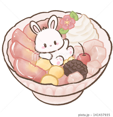 Cute Kawaii Bunny Sitting in Peach Kakigori Shaved Ice with Fresh Peach Slices Whipped Cream Mochi Jelly and Japanese Summer Dessert Cute Kawaii Bunny Sitting in Peach Kakigori Shaved Ice with Fresh Peach Slices Whipped Cream Mochi Jelly and Japanese Summer Dessert 141437935