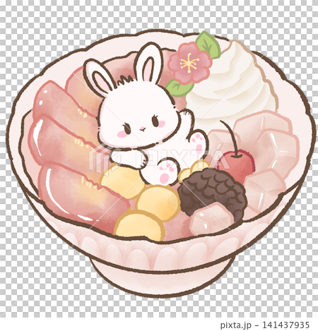 Cute Kawaii Bunny Sitting in Peach Kakigori Shaved Ice with Fresh Peach Slices Whipped Cream Mochi Jelly and Japanese Summer Dessert Cute Kawaii Bunny Sitting in Peach Kakigori Shaved Ice with Fresh Peach Slices Whipped Cream Mochi Jelly and Japanese Summer Dessert 141437935