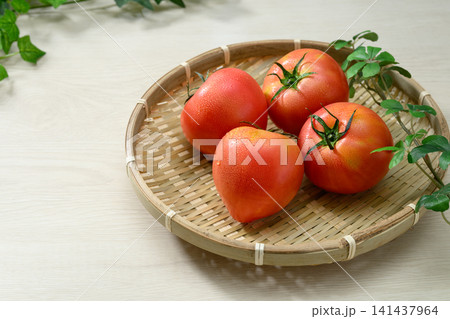 竹ざるに盛った新鮮な完熟トマト 141437964