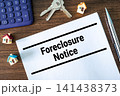 Foreclosure Notice document paper with keys and calculator on wooden desk, real estate finance and banking concept 141438373