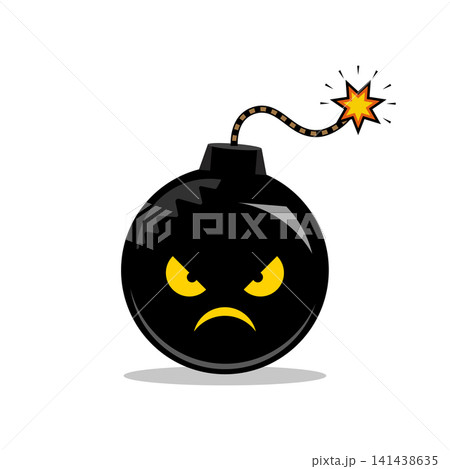Cartoon Angry Black Bomb with Burning Fuse and Evil Face Isolated on White Background Cartoon Angry Black Bomb with Burning Fuse and Evil Face Isolated on White Background 141438635