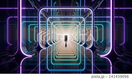 A solitary person walking through a futuristic glowing neon corridor with reflective surfaces with symmetrical tunnel illuminated illuminated vibrant purple A solitary person walking through a futuristic glowing neon corridor with reflective surfaces with symmetrical tunnel illuminated illuminated vibrant purple 141439098