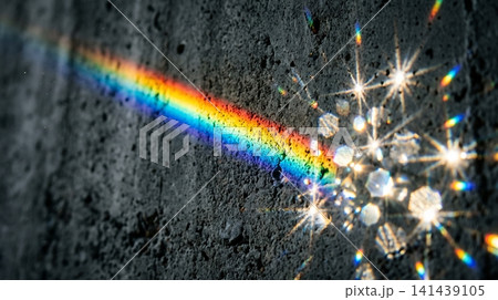 Vibrant rainbow light refraction creating starburst patterns upon a textured dark gray concrete surface wall with refracting starburst shapes Vibrant rainbow light refraction creating starburst patterns upon a textured dark gray concrete surface wall with refracting starburst shapes 141439105