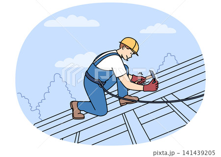 Man builder installs shingles on roof of house, using hammer and nails to securely fasten them Man builder installs shingles on roof of house, using hammer and nails to securely fasten them 141439205