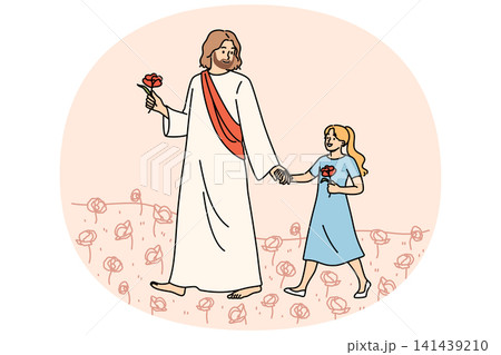 Jesus walks with little girl through summer field, talking about importance of christian religion Jesus walks with little girl through summer field, talking about importance of christian religion 141439210